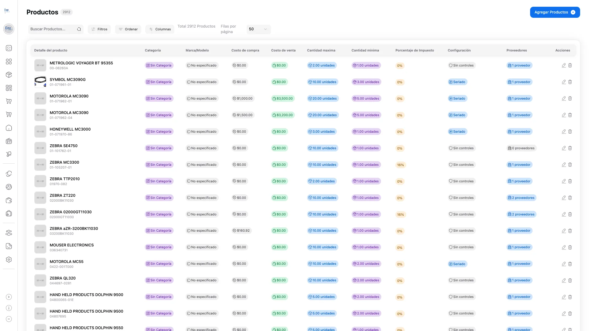 Catálogo de productos en el panel web de Saga