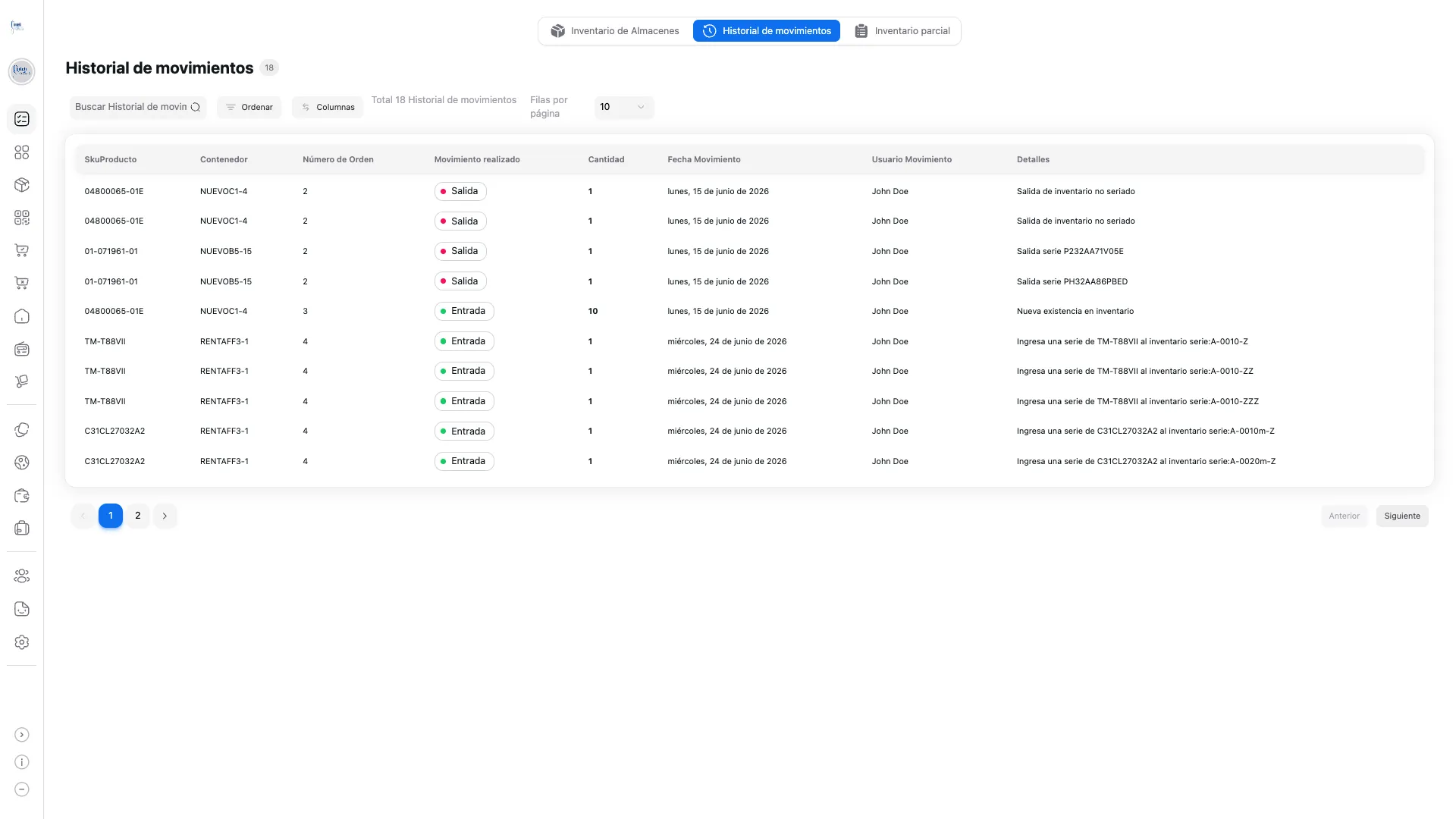 Historial de movimientos en el panel web de Saga