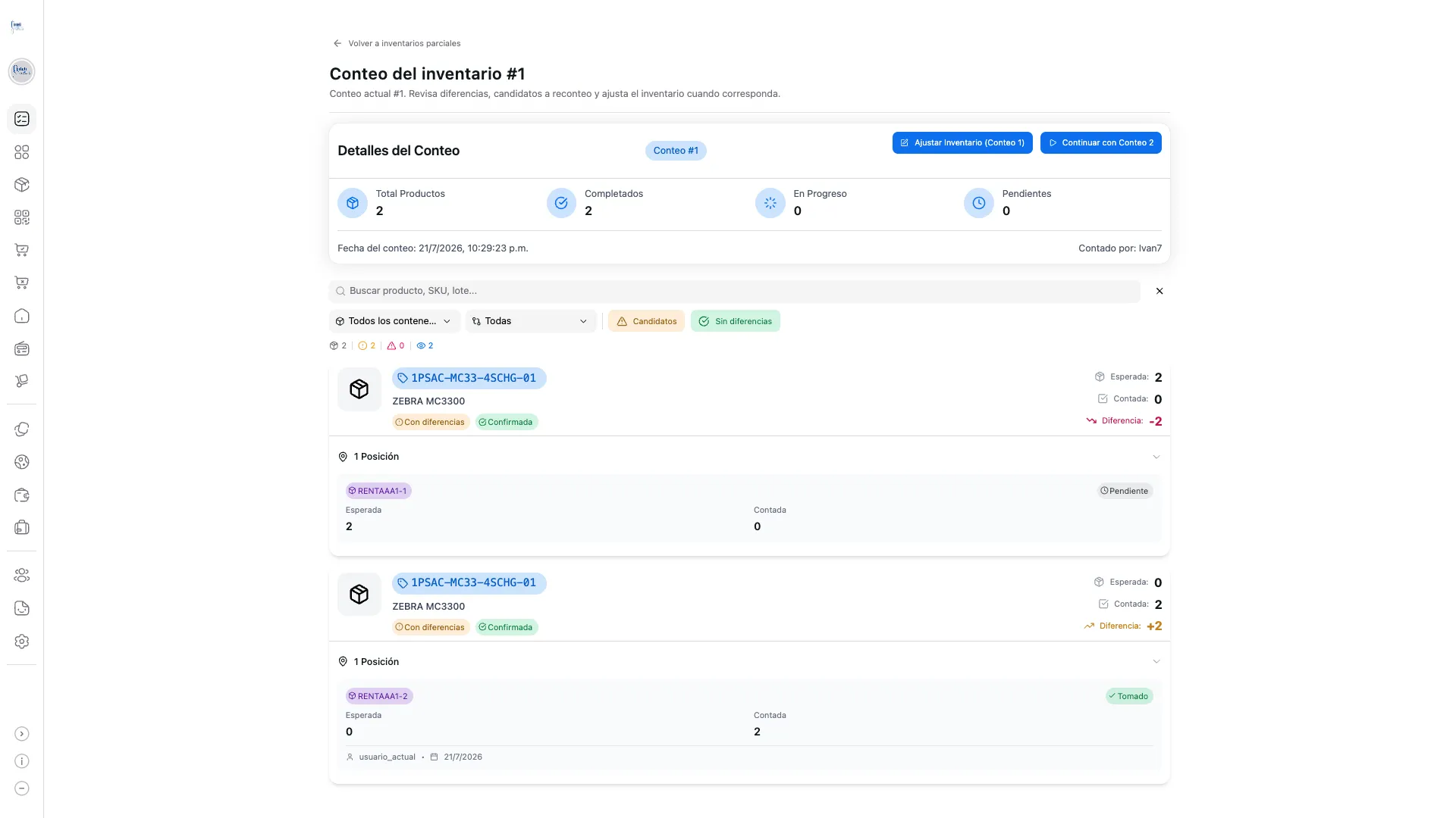Inventario parcial en el panel web de Saga
