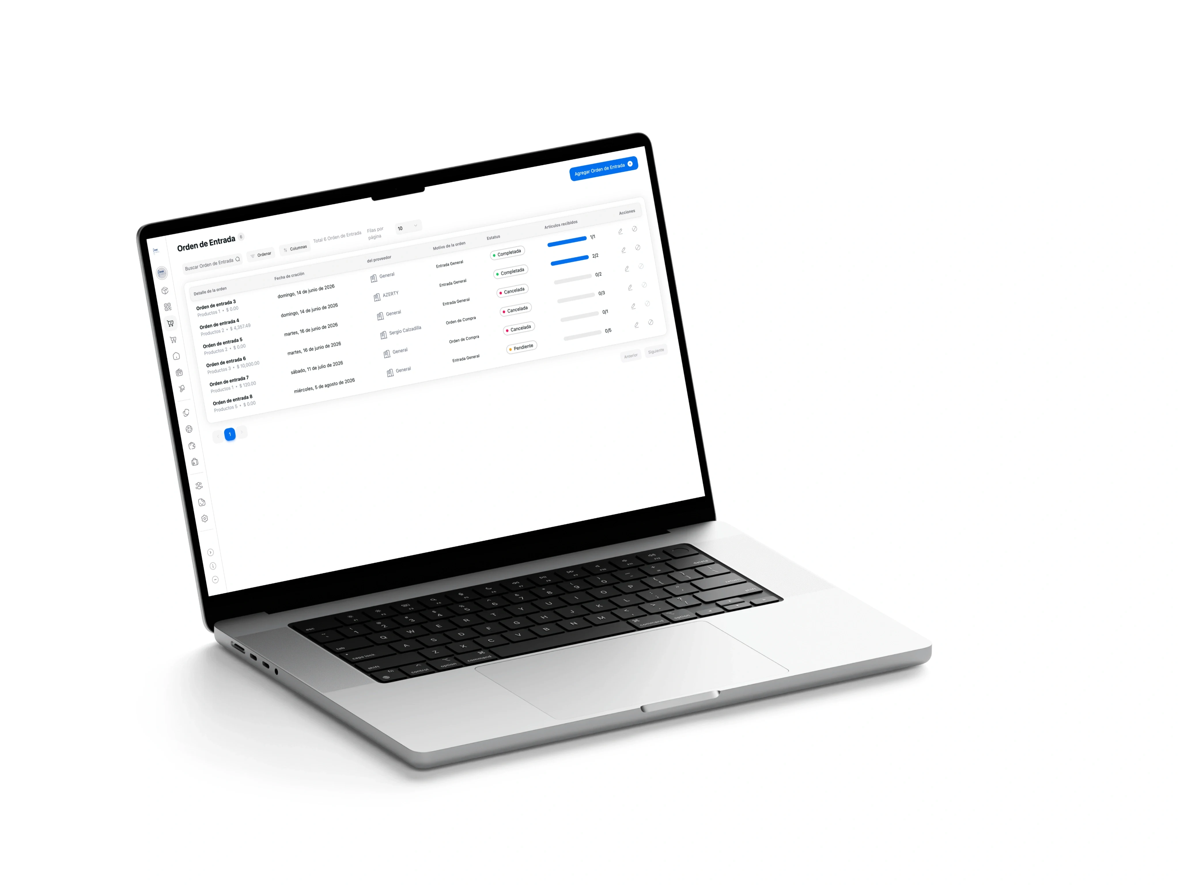 Panel web de Saga: motor de órdenes de entrada en una laptop